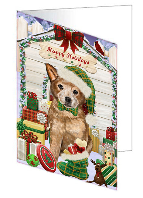 Happy Holidays Christmas Australian Cattle Dog House with Presents Handmade Artwork Assorted Pets Greeting Cards and Note Cards with Envelopes for All Occasions and Holiday Seasons GCD57965