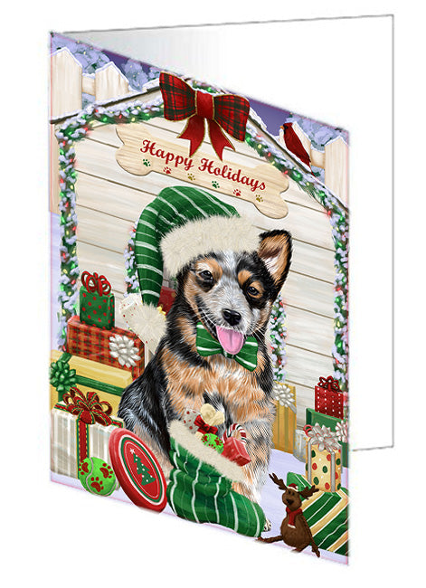 Happy Holidays Christmas Australian Cattle Dog House with Presents Handmade Artwork Assorted Pets Greeting Cards and Note Cards with Envelopes for All Occasions and Holiday Seasons GCD57968