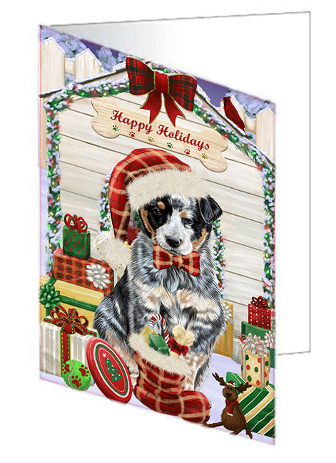 Happy Holidays Christmas Australian Cattle Dog House with Presents Handmade Artwork Assorted Pets Greeting Cards and Note Cards with Envelopes for All Occasions and Holiday Seasons GCD57971
