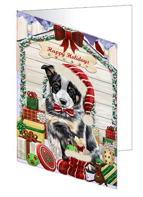 Happy Holidays Christmas Australian Cattle Dog House with Presents Handmade Artwork Assorted Pets Greeting Cards and Note Cards with Envelopes for All Occasions and Holiday Seasons GCD57974