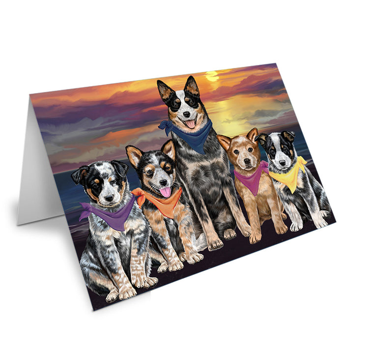 Family Sunset Portrait Australian Cattle Dogs Handmade Artwork Assorted Pets Greeting Cards and Note Cards with Envelopes for All Occasions and Holiday Seasons GCD54719