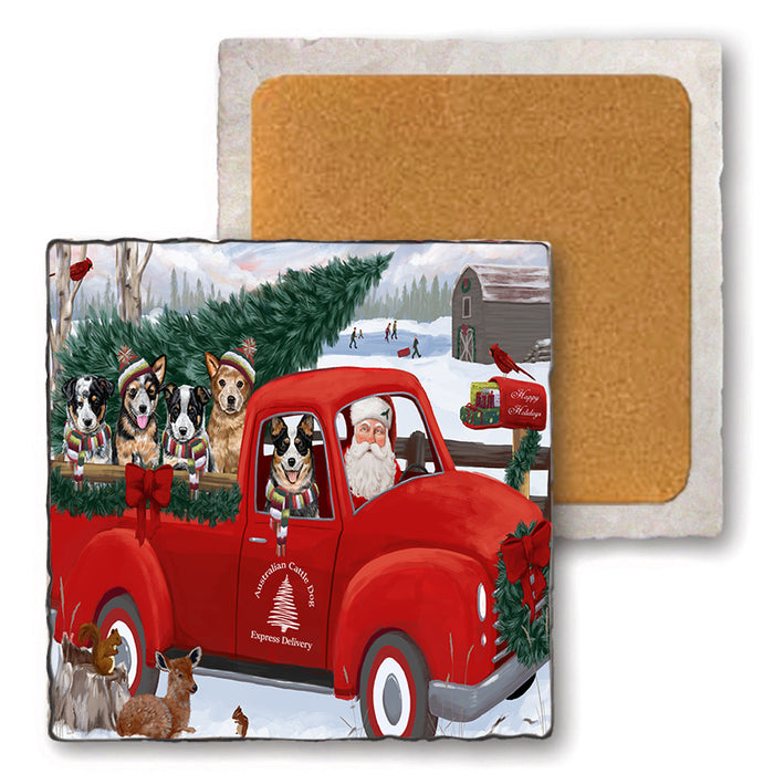 Christmas Santa Express Delivery Australian Cattle Dogs Family Set of 4 Natural Stone Marble Tile Coasters MCST50002