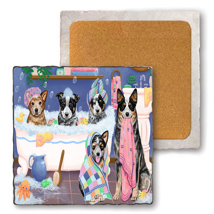 Rub A Dub Dogs In A Tub Australian Cattle Dogs Set of 4 Natural Stone Marble Tile Coasters MCST51755