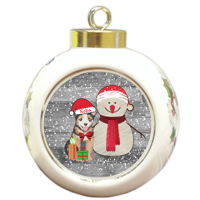 Custom Personalized Snowy Snowman and Australian Cattle Dog Christmas Round Ball Ornament