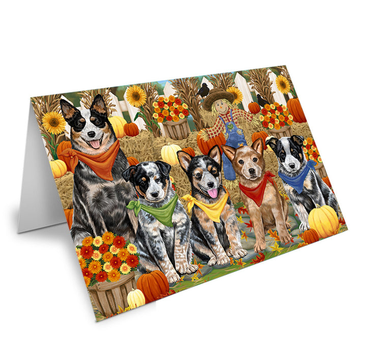 Fall Festive Gathering Australian Cattle Dogs with Pumpkins Handmade Artwork Assorted Pets Greeting Cards and Note Cards with Envelopes for All Occasions and Holiday Seasons GCD55883