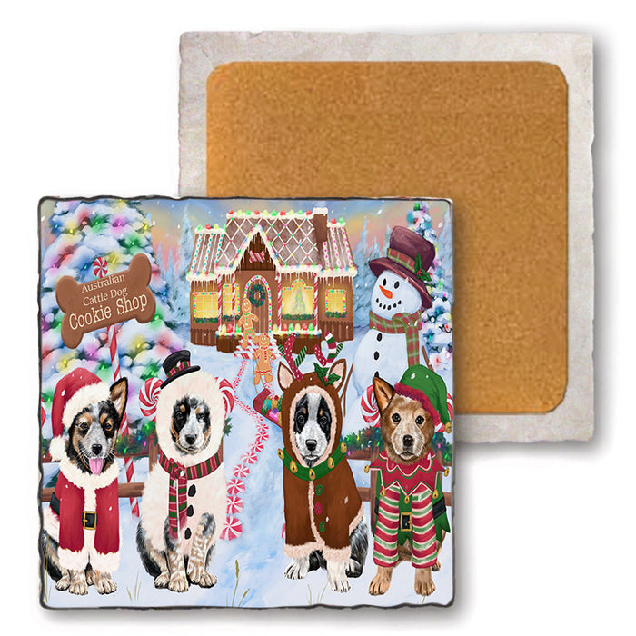 Holiday Gingerbread Cookie Shop Australian Cattle Dogs Set of 4 Natural Stone Marble Tile Coasters MCST51097