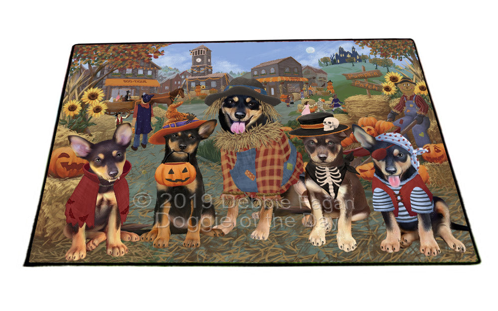 Halloween 'Round Town And Fall Pumpkin Scarecrow Both Australian Kelpie Dogs Floormat FLMS53837