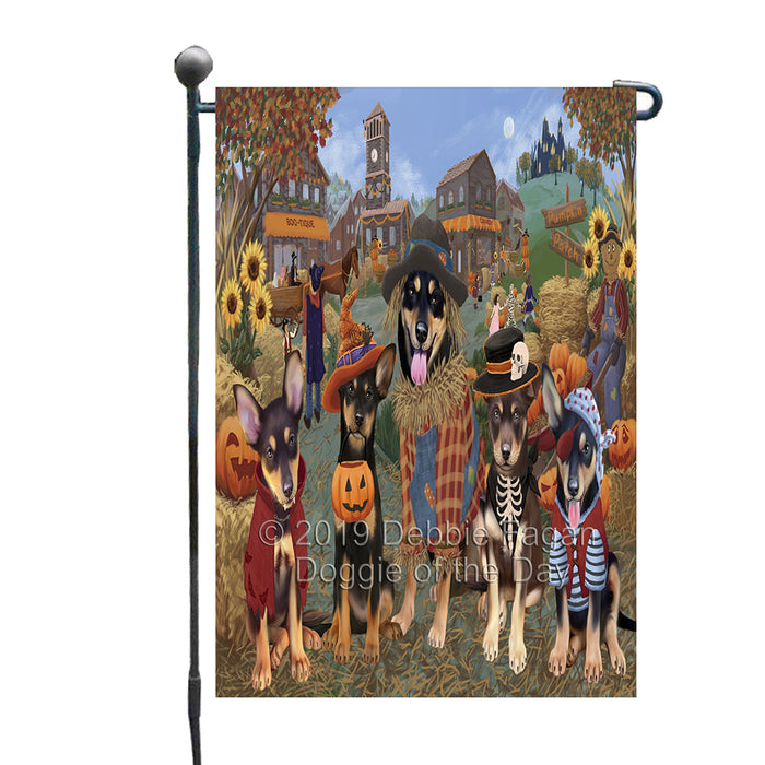 Halloween 'Round Town And Fall Pumpkin Scarecrow Both Australian Kelpie Dogs Garden Flag GFLG65564