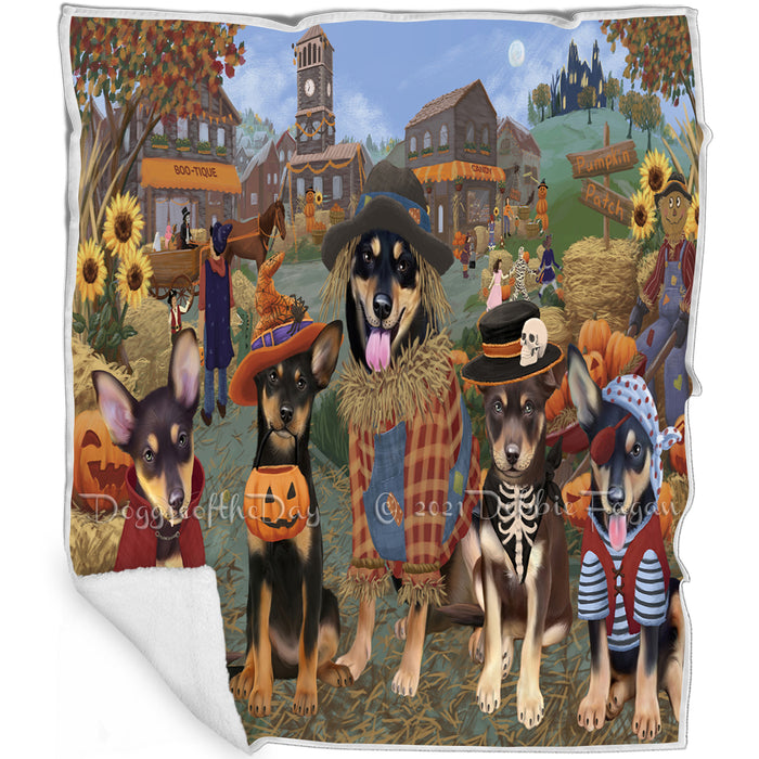 Halloween 'Round Town And Fall Pumpkin Scarecrow Both Australian Kelpie Dogs Blanket BLNKT138638