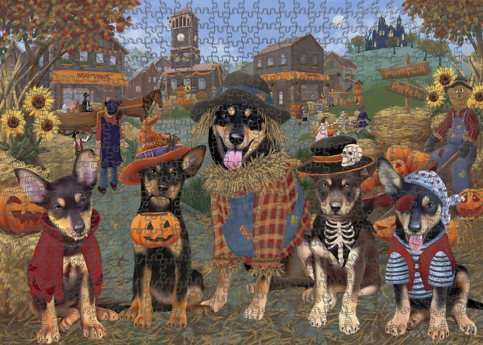 Halloween 'Round Town And Fall Pumpkin Scarecrow Both Australian Kelpie Dogs Puzzle with Photo Tin PUZL96164