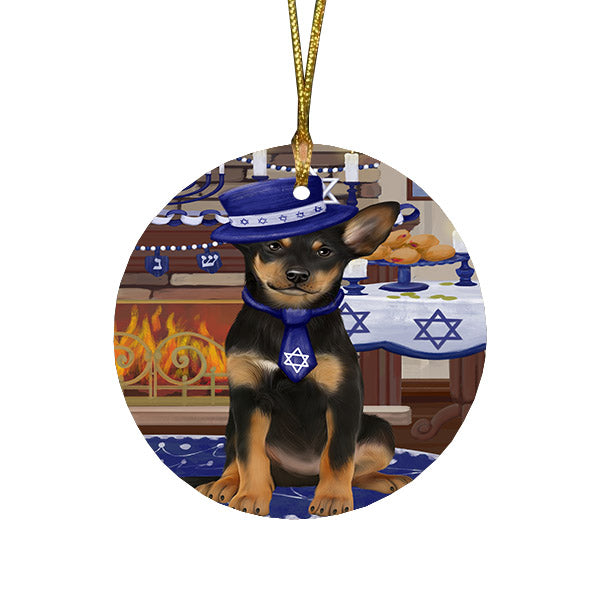 Happy Hanukkah Family and Happy Hanukkah Both Australian Kelpie Dog Round Flat Christmas Ornament RFPOR57546