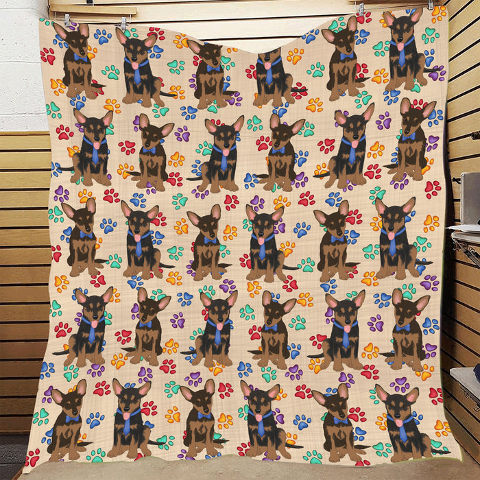 Rainbow Paw Print Australian Kelpie Dogs Blue Quilt