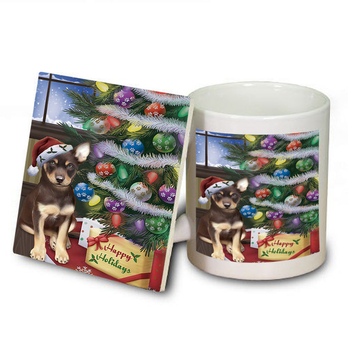 Christmas Happy Holidays Australian Kelpie Dog with Tree and Presents Mug and Coaster Set MUC53792