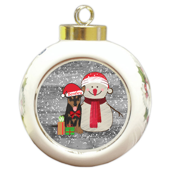 Custom Personalized Snowy Snowman and Australian Kelpie Dog Christmas Round Ball Ornament