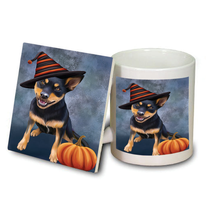 Happy Halloween Australian Kelpie Dog Wearing Witch Hat with Pumpkin Mug and Coaster Set MUC54851