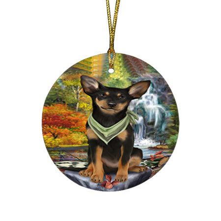 Scenic Waterfall Australian Kelpie Dog Round Flat Christmas Ornament RFPOR51798