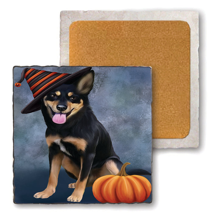 Happy Halloween Australian Kelpie Dog Wearing Witch Hat with Pumpkin Set of 4 Natural Stone Marble Tile Coasters MCST49919