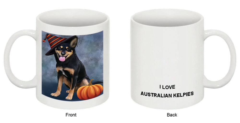 Happy Halloween Australian Kelpie Dog Wearing Witch Hat with Pumpkin Coffee Mug MUG50317