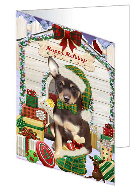 Happy Holidays Christmas Australian Kelpie Dog House with Presents Handmade Artwork Assorted Pets Greeting Cards and Note Cards with Envelopes for All Occasions and Holiday Seasons GCD57977