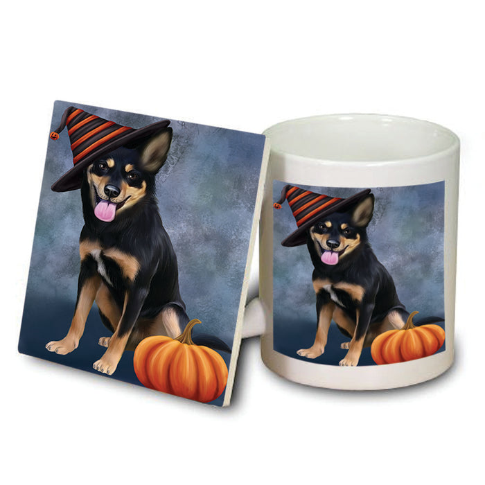 Happy Halloween Australian Kelpie Dog Wearing Witch Hat with Pumpkin Mug and Coaster Set MUC54911