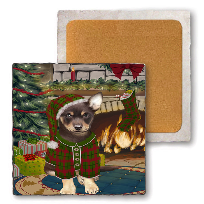 The Stocking was Hung Australian Kelpie Dog Set of 4 Natural Stone Marble Tile Coasters MCST50177