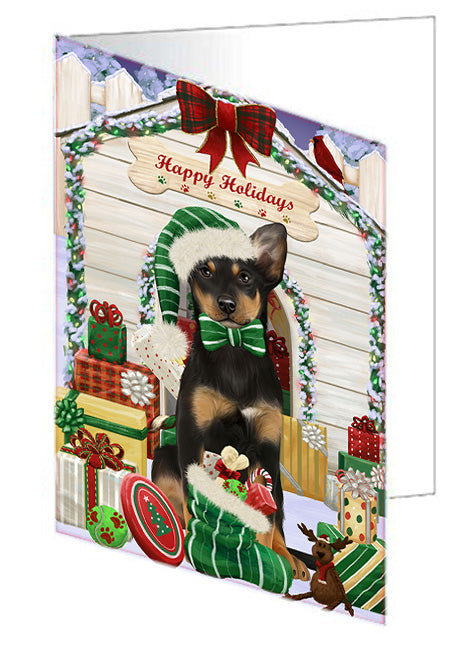 Happy Holidays Christmas Australian Kelpie Dog House with Presents Handmade Artwork Assorted Pets Greeting Cards and Note Cards with Envelopes for All Occasions and Holiday Seasons GCD57980