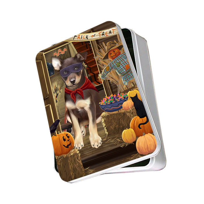 Enter at Own Risk Trick or Treat Halloween Australian Kelpie Dog Photo Storage Tin PITN52960