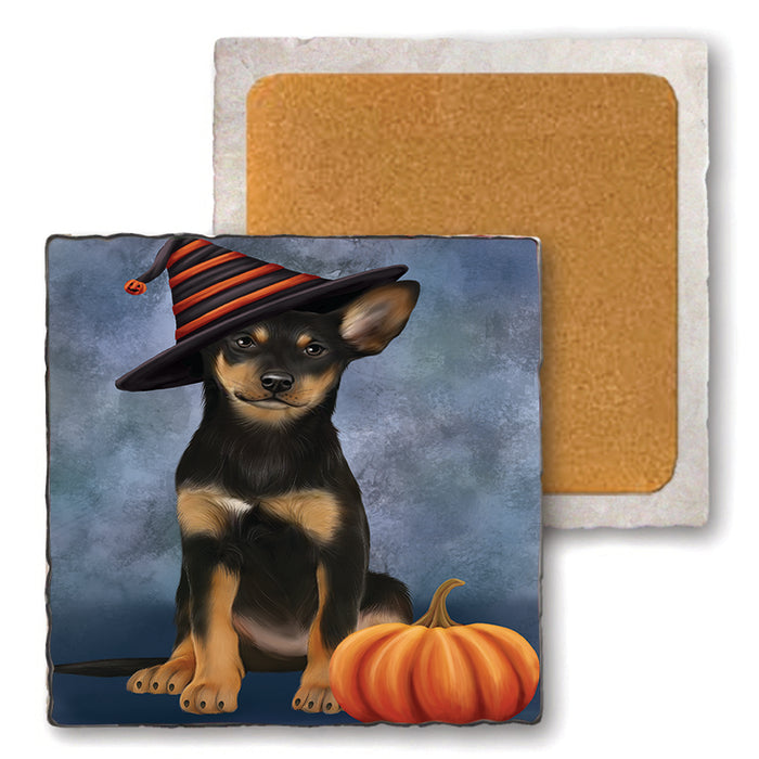 Happy Halloween Australian Kelpie Dog Wearing Witch Hat with Pumpkin Set of 4 Natural Stone Marble Tile Coasters MCST49920
