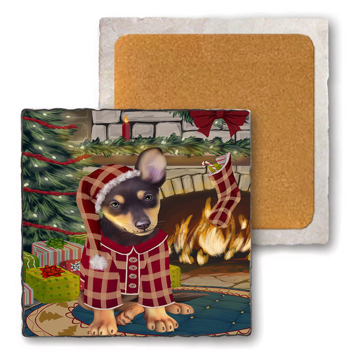 The Stocking was Hung Australian Kelpie Dog Set of 4 Natural Stone Marble Tile Coasters MCST50178