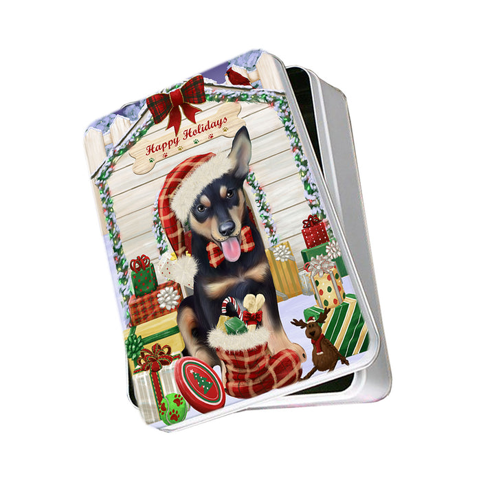 Happy Holidays Christmas Australian Kelpie Dog House with Presents Photo Storage Tin PITN51318