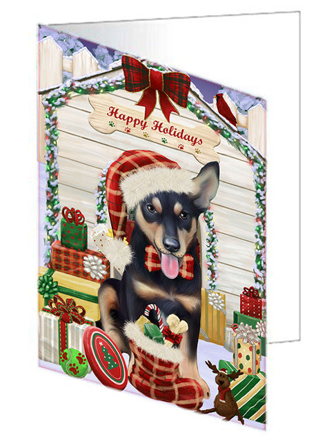 Happy Holidays Christmas Australian Kelpie Dog House with Presents Handmade Artwork Assorted Pets Greeting Cards and Note Cards with Envelopes for All Occasions and Holiday Seasons GCD57983
