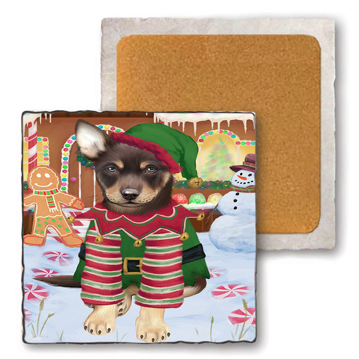 Christmas Gingerbread House Candyfest Australian Kelpie Dog Set of 4 Natural Stone Marble Tile Coasters MCST51151