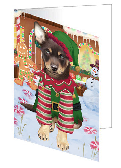 Christmas Gingerbread House Candyfest Australian Kelpie Dog Handmade Artwork Assorted Pets Greeting Cards and Note Cards with Envelopes for All Occasions and Holiday Seasons GCD72968