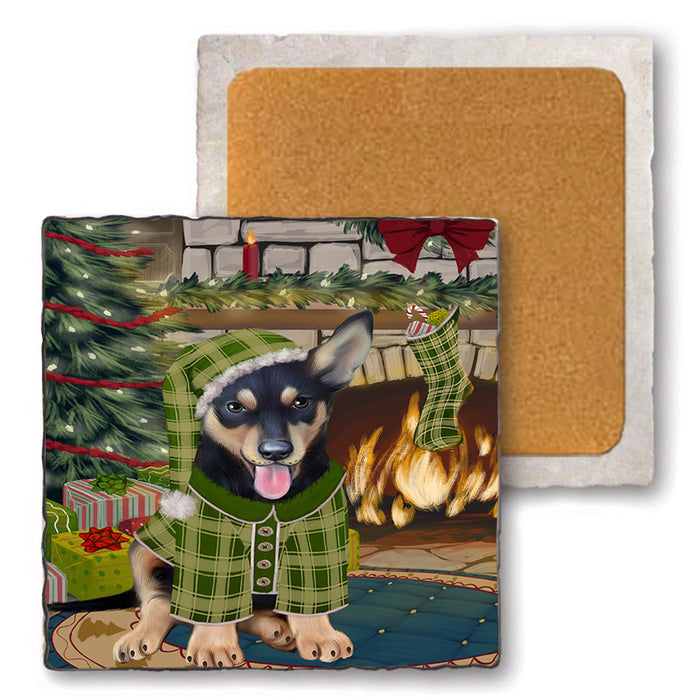 The Stocking was Hung Australian Kelpie Dog Set of 4 Natural Stone Marble Tile Coasters MCST50179