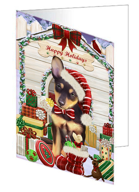 Happy Holidays Christmas Australian Kelpie Dog House with Presents Handmade Artwork Assorted Pets Greeting Cards and Note Cards with Envelopes for All Occasions and Holiday Seasons GCD57986
