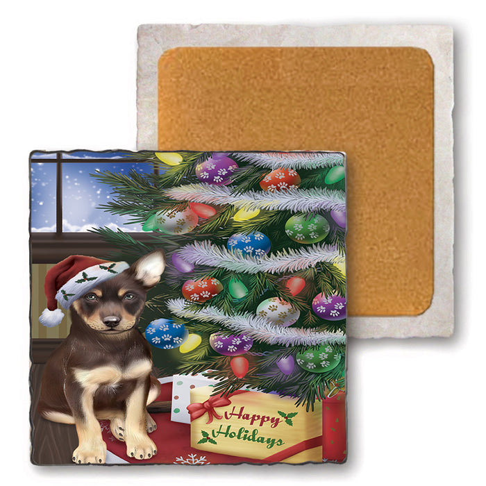 Christmas Happy Holidays Australian Kelpie Dog with Tree and Presents Set of 4 Natural Stone Marble Tile Coasters MCST48800