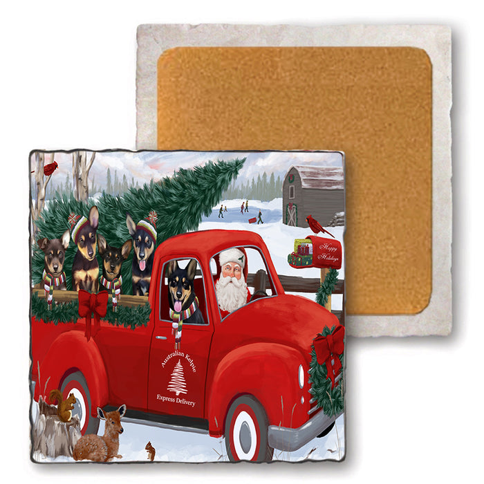 Christmas Santa Express Delivery Australian Kelpies Dog Family Set of 4 Natural Stone Marble Tile Coasters MCST50003