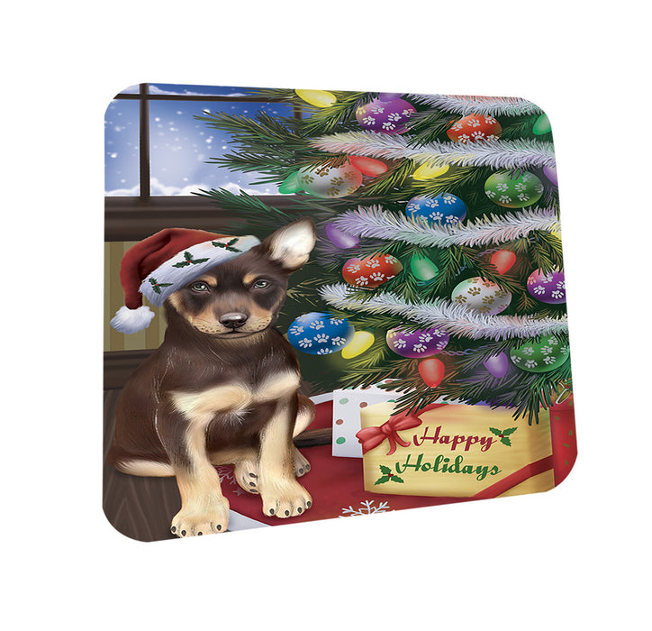 Christmas Happy Holidays Australian Kelpie Dog with Tree and Presents Coasters Set of 4 CST53758