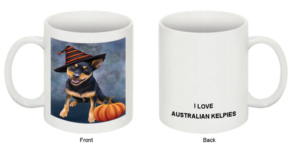 Happy Halloween Australian Kelpie Dog Wearing Witch Hat with Pumpkin Coffee Mug MUG50257