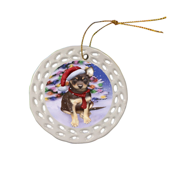 Winterland Wonderland Australian Kelpie Dog In Christmas Holiday Scenic Background  Ceramic Doily Ornament DPOR53361