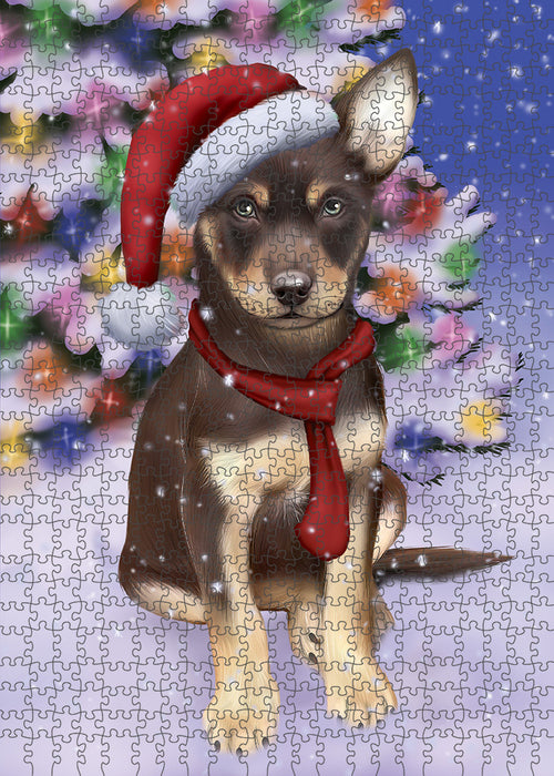 Winterland Wonderland Australian Kelpie Dog In Christmas Holiday Scenic Background Puzzle with Photo Tin PUZL80600