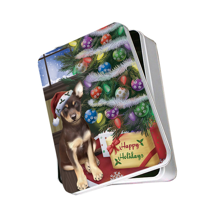 Christmas Happy Holidays Australian Kelpie Dog with Tree and Presents Photo Storage Tin PITN53743