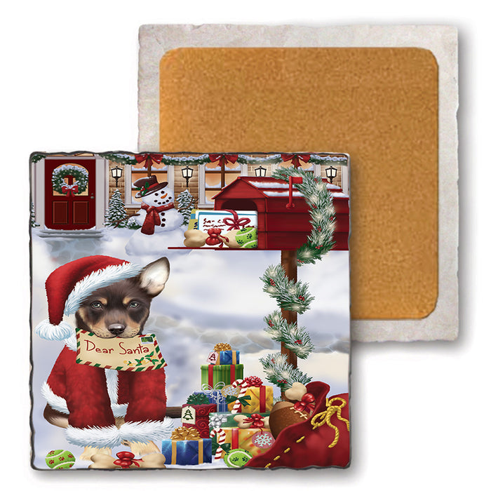 Australian Kelpie Dog Dear Santa Letter Christmas Holiday Mailbox Set of 4 Natural Stone Marble Tile Coasters MCST48870