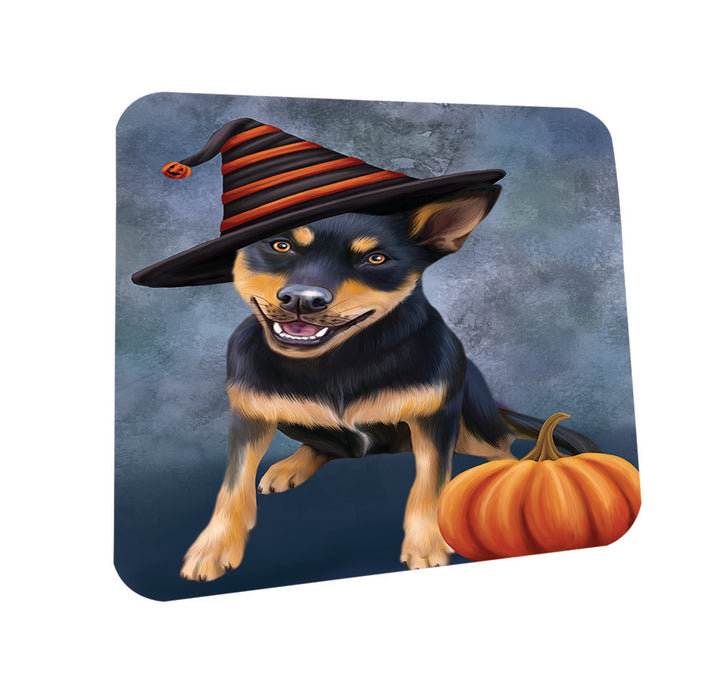 Happy Halloween Australian Kelpie Dog Wearing Witch Hat with Pumpkin Coasters Set of 4 CST54817