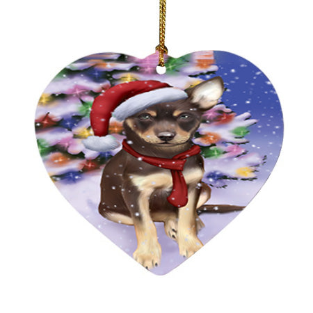 Winterland Wonderland Australian Kelpie Dog In Christmas Holiday Scenic Background  Heart Christmas Ornament HPOR53361