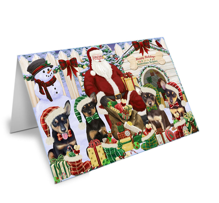 Happy Holidays Christmas Australian Kelpies Dog House Gathering Handmade Artwork Assorted Pets Greeting Cards and Note Cards with Envelopes for All Occasions and Holiday Seasons GCD57851