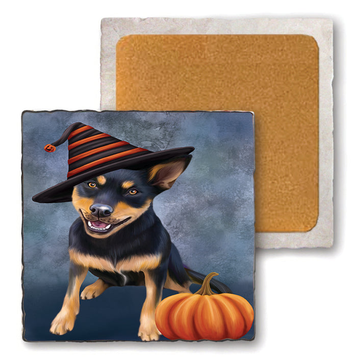 Happy Halloween Australian Kelpie Dog Wearing Witch Hat with Pumpkin Set of 4 Natural Stone Marble Tile Coasters MCST49859