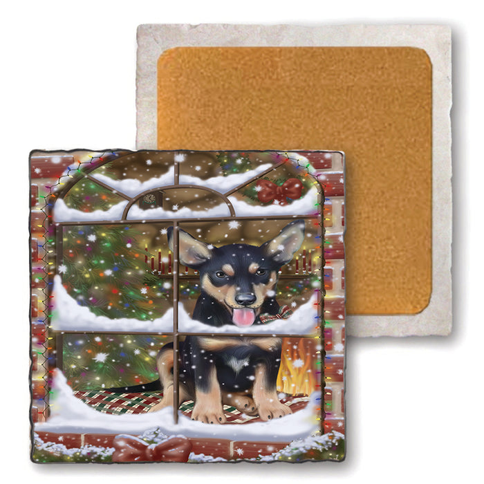 Please Come Home For Christmas Australian Kelpie Dog Sitting In Window Set of 4 Natural Stone Marble Tile Coasters MCST48937