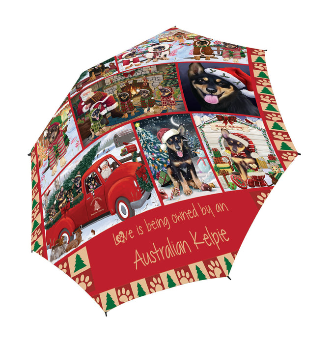 Love is Being Owned Christmas Australian Kelpie Dogs Semi-Automatic Foldable Umbrella