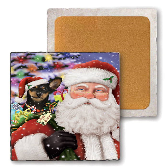 Santa Carrying Australian Kelpie Dog and Christmas Presents Set of 4 Natural Stone Marble Tile Coasters MCST48959